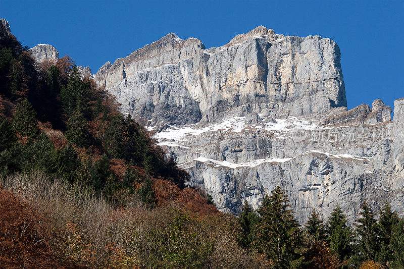 Glaernisch Massiv与五颜六色的印度夏季森林，阿尔卑斯山中部，瑞士